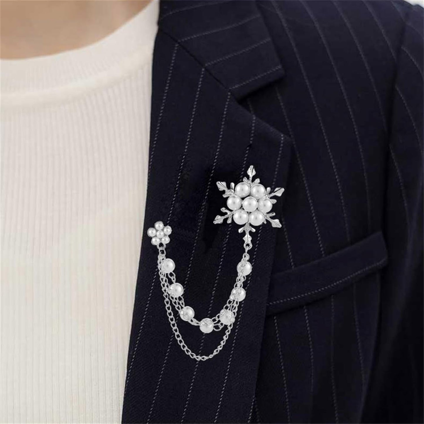 Glittering Imitation Pearl Crystal Snowflake Flower Hanging Chain Brooch Pin for Women Men Fashion Snowflake Tassel Shirt Collar Lapel Pin Charming Clothes Bags Decoration Jewelry - WORLD TIME VISITS