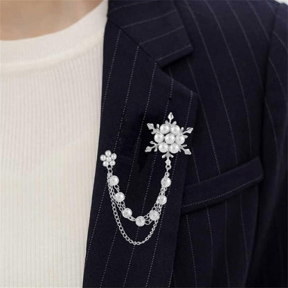 Glittering Imitation Pearl Crystal Snowflake Flower Hanging Chain Brooch Pin for Women Men Fashion Snowflake Tassel Shirt Collar Lapel Pin Charming Clothes Bags Decoration Jewelry - WORLD TIME VISITS