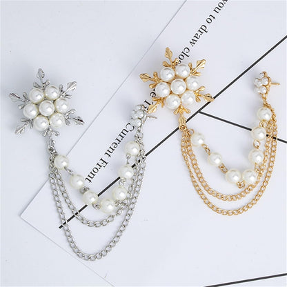Glittering Imitation Pearl Crystal Snowflake Flower Hanging Chain Brooch Pin for Women Men Fashion Snowflake Tassel Shirt Collar Lapel Pin Charming Clothes Bags Decoration Jewelry