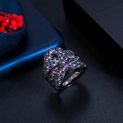 Gloriya Adjustable Women Exaggerated Full Micro Cubic Zirconia Unique Open Cuff Large Ring for Cocktail Personality Finger Jewelry