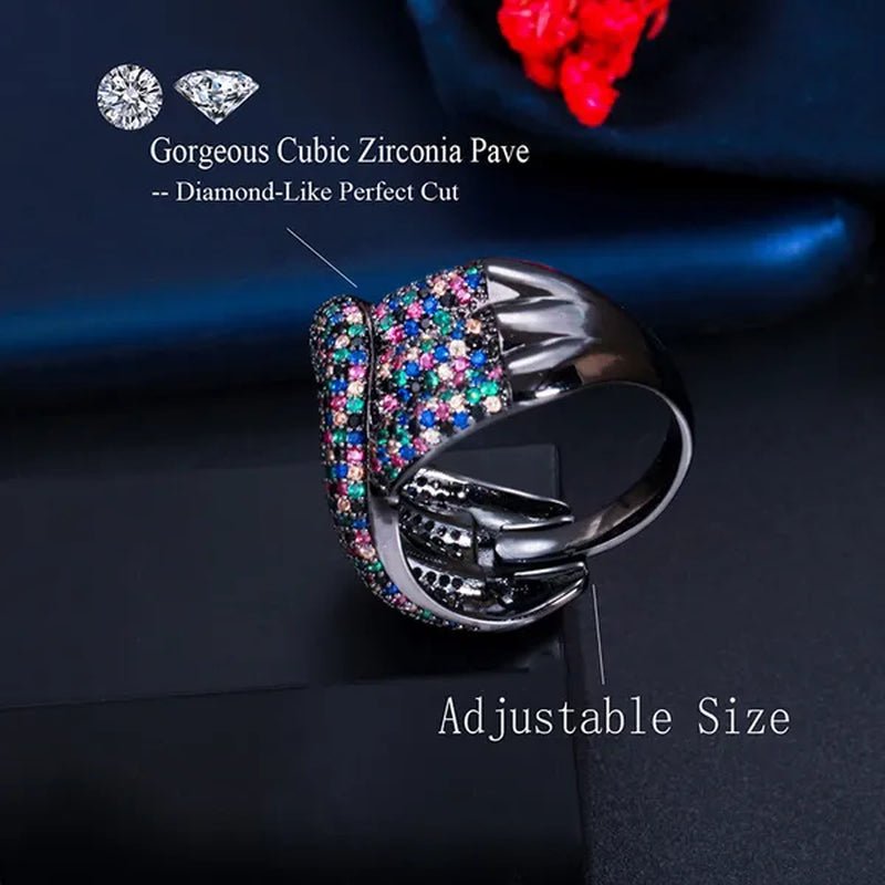 Gloriya Adjustable Women Exaggerated Full Micro Cubic Zirconia Unique Open Cuff Large Ring for Cocktail Personality Finger Jewelry - WORLD TIME VISITS