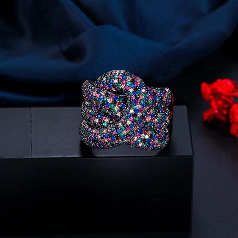 Gloriya Adjustable Women Exaggerated Full Micro Cubic Zirconia Unique Open Cuff Large Ring for Cocktail Personality Finger Jewelry - WORLD TIME VISITS