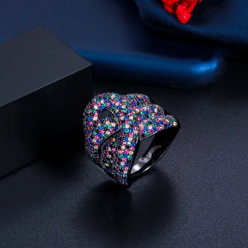 Gloriya Adjustable Women Exaggerated Full Micro Cubic Zirconia Unique Open Cuff Large Ring for Cocktail Personality Finger Jewelry