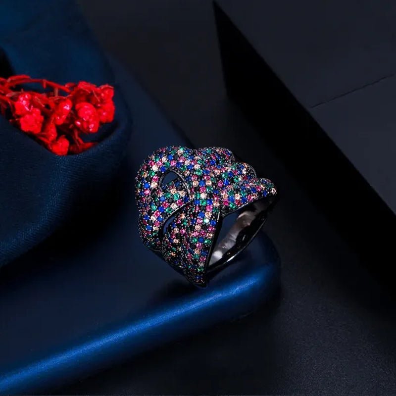 Gloriya Adjustable Women Exaggerated Full Micro Cubic Zirconia Unique Open Cuff Large Ring for Cocktail Personality Finger Jewelry