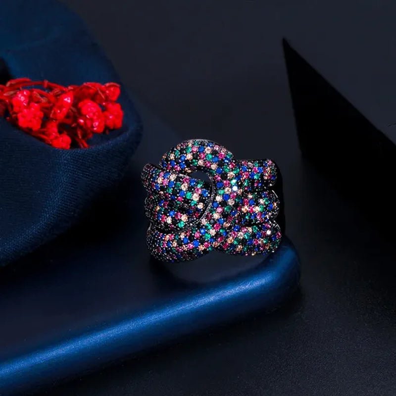 Gloriya Adjustable Women Exaggerated Full Micro Cubic Zirconia Unique Open Cuff Large Ring for Cocktail Personality Finger Jewelry