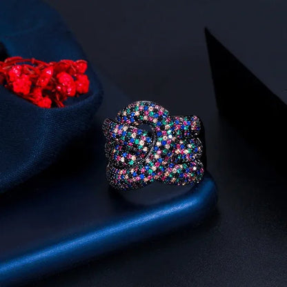 Gloriya Adjustable Women Exaggerated Full Micro Cubic Zirconia Unique Open Cuff Large Ring for Cocktail Personality Finger Jewelry