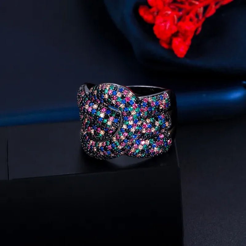 Gloriya Adjustable Women Exaggerated Full Micro Cubic Zirconia Unique Open Cuff Large Ring for Cocktail Personality Finger Jewelry