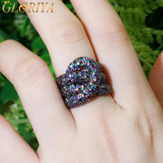 Gloriya Adjustable Women Exaggerated Full Micro Cubic Zirconia Unique Open Cuff Large Ring for Cocktail Personality Finger Jewelry - WORLD TIME VISITS