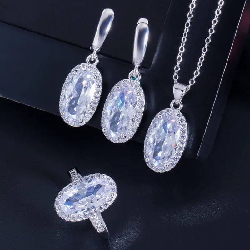 Gloriya Brand 925 Sterling Silver Bright Oval Yellow Topaz Crystal with White CZ Pendant Necklace Earrings and Ring Set for Women Gorgeous Cocktail Party Jewelry Sets