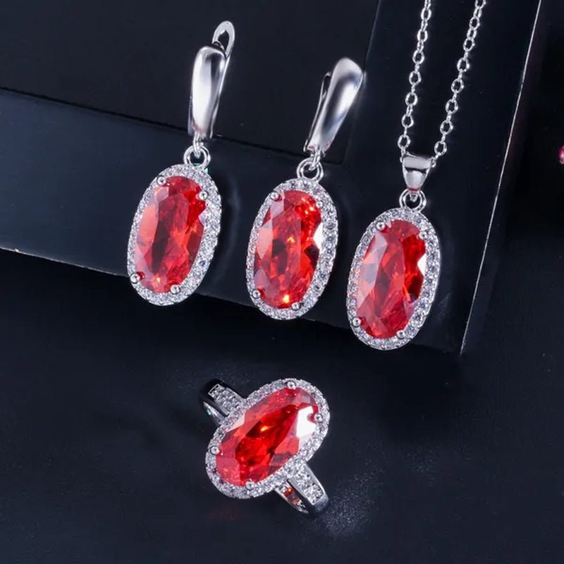 Gloriya Brand 925 Sterling Silver Bright Oval Yellow Topaz Crystal with White CZ Pendant Necklace Earrings and Ring Set for Women Gorgeous Cocktail Party Jewelry Sets