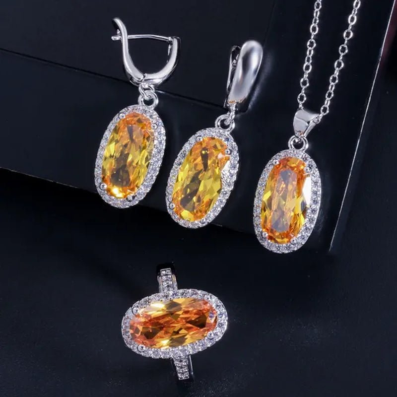 Gloriya Brand 925 Sterling Silver Bright Oval Yellow Topaz Crystal with White CZ Pendant Necklace Earrings and Ring Set for Women Gorgeous Cocktail Party Jewelry Sets