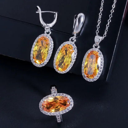 Gloriya Brand 925 Sterling Silver Bright Oval Yellow Topaz Crystal with White CZ Pendant Necklace Earrings and Ring Set for Women Gorgeous Cocktail Party Jewelry Sets