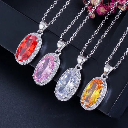 Gloriya Brand 925 Sterling Silver Bright Oval Yellow Topaz Crystal with White CZ Pendant Necklace Earrings and Ring Set for Women Gorgeous Cocktail Party Jewelry Sets