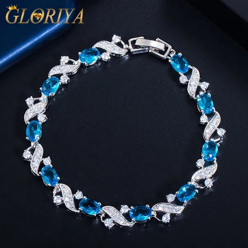Gloriya Delicate Design Sky Blue Charm Oval Stone Tennis Bracelet Bangle for Women Fashion CZ Silver Plated Elegant Jewelry - WORLD TIME VISITS