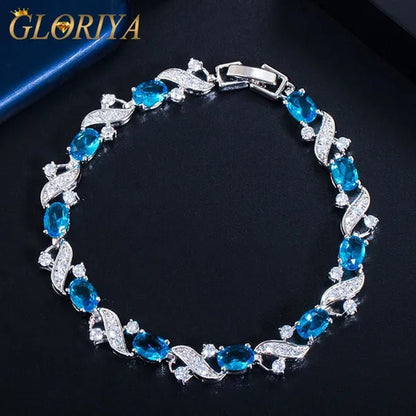 Gloriya Delicate Design Sky Blue Charm Oval Stone Tennis Bracelet Bangle for Women Fashion CZ Silver Plated Elegant Jewelry - WORLD TIME VISITS