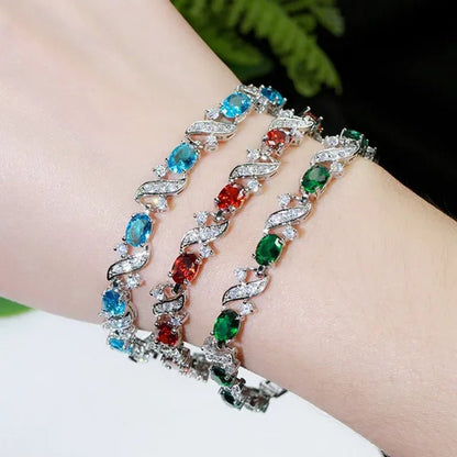 Gloriya Delicate Design Sky Blue Charm Oval Stone Tennis Bracelet Bangle for Women Fashion CZ Silver Plated Elegant Jewelry
