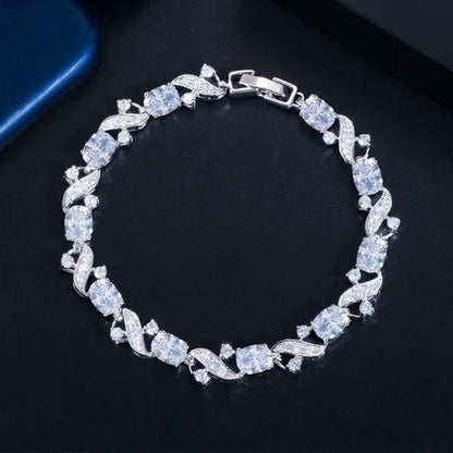 Gloriya Delicate Design Sky Blue Charm Oval Stone Tennis Bracelet Bangle for Women Fashion CZ Silver Plated Elegant Jewelry