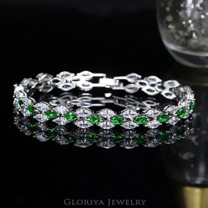 Gloriya Delicate White Gold Plated Tennis Bracelet Setting Sparkly Marquise Cubic Zircon Wedding Bracelets for Women Gorgeous Crystal Jewelry