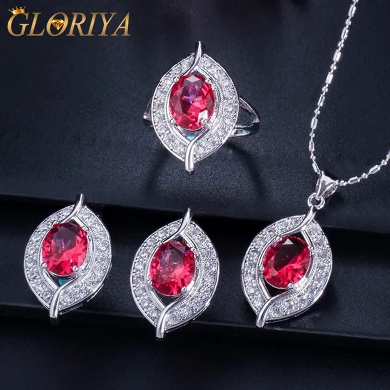 Gloriya Designer Silver Plated Jewelry Sets Inlaid Oval Red CZ Teardrop Pendant Necklace Earrings and Ring Set for Lady Fashion - WORLD TIME VISITS