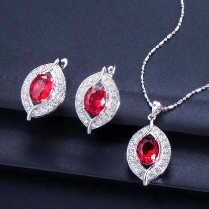 Gloriya Designer Silver Plated Jewelry Sets Inlaid Oval Red CZ Teardrop Pendant Necklace Earrings and Ring Set for Lady Fashion