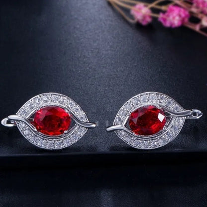 Gloriya Designer Silver Plated Jewelry Sets Inlaid Oval Red CZ Teardrop Pendant Necklace Earrings and Ring Set for Lady Fashion