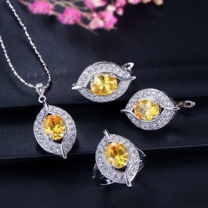 Gloriya Designer Silver Plated Jewelry Sets Inlaid Oval Red CZ Teardrop Pendant Necklace Earrings and Ring Set for Lady Fashion