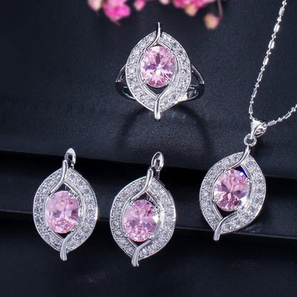 Gloriya Designer Silver Plated Jewelry Sets Inlaid Oval Red CZ Teardrop Pendant Necklace Earrings and Ring Set for Lady Fashion