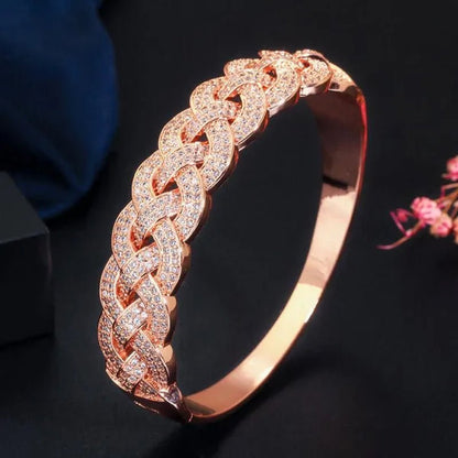 Gloriya Dubai Fashion Women Jewelry Full Micro Pave Tiny Bling AAA Cubic Zirconia Gold Rose Silver Plated Open Cuff Bangle Tennis Bracelet for Prom Party