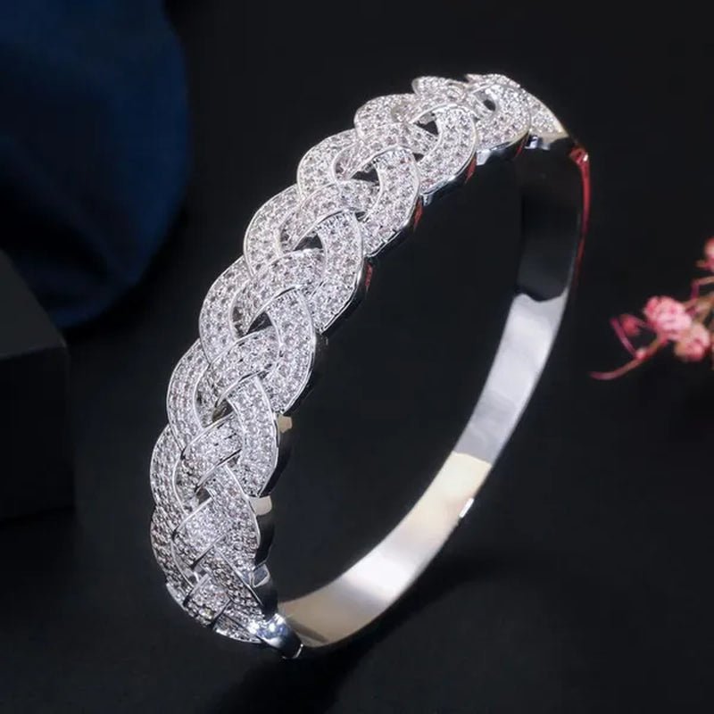 Gloriya Dubai Fashion Women Jewelry Full Micro Pave Tiny Bling AAA Cubic Zirconia Gold Rose Silver Plated Open Cuff Bangle Tennis Bracelet for Prom Party