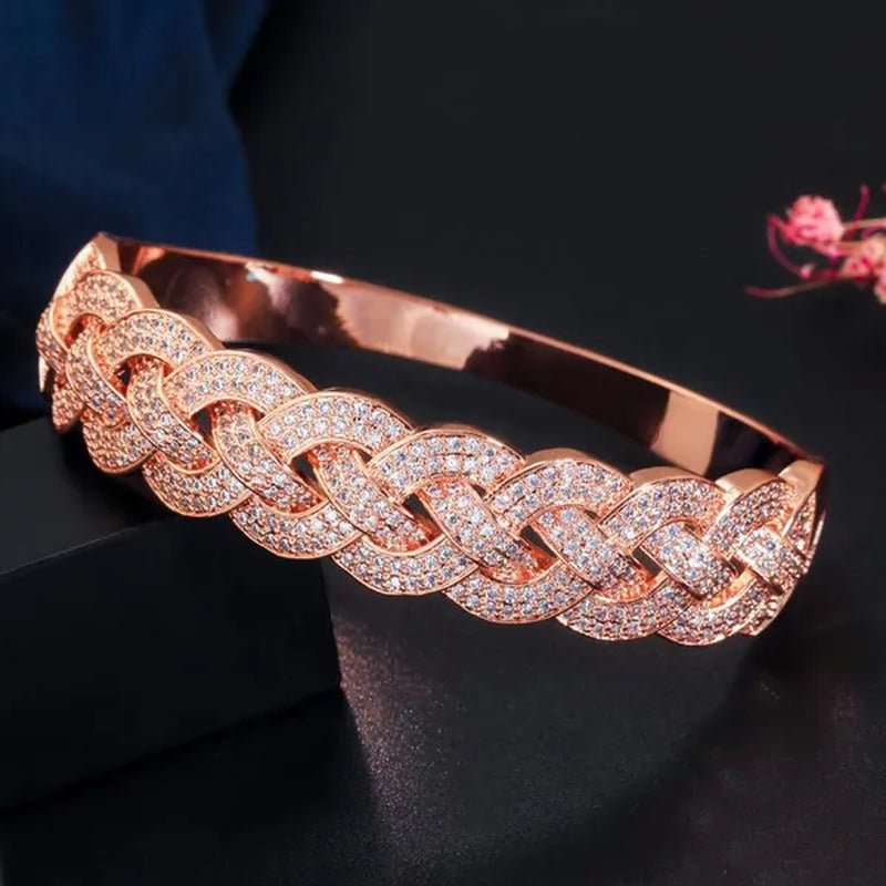 Gloriya Dubai Fashion Women Jewelry Full Micro Pave Tiny Bling AAA Cubic Zirconia Gold Rose Silver Plated Open Cuff Bangle Tennis Bracelet for Prom Party - WORLD TIME VISITS