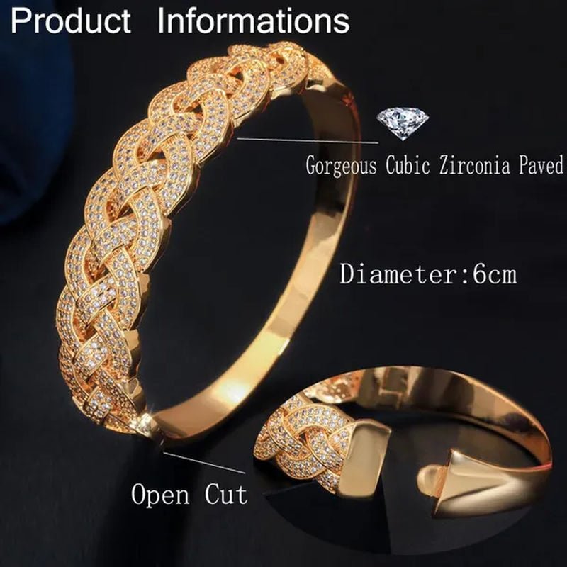 Gloriya Dubai Fashion Women Jewelry Full Micro Pave Tiny Bling AAA Cubic Zirconia Gold Rose Silver Plated Open Cuff Bangle Tennis Bracelet for Prom Party
