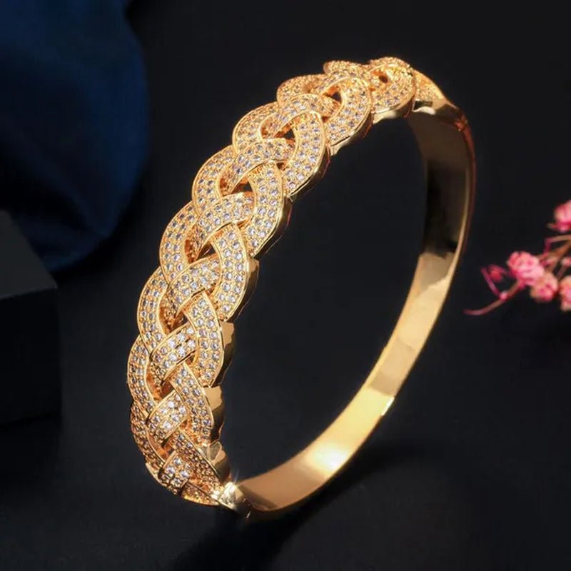 Gloriya Dubai Fashion Women Jewelry Full Micro Pave Tiny Bling AAA Cubic Zirconia Gold Rose Silver Plated Open Cuff Bangle Tennis Bracelet for Prom Party - WORLD TIME VISITS
