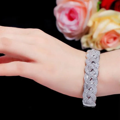 Gloriya Dubai Fashion Women Jewelry Full Micro Pave Tiny Bling AAA Cubic Zirconia Gold Rose Silver Plated Open Cuff Bangle Tennis Bracelet for Prom Party