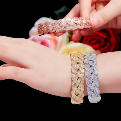 Gloriya Dubai Fashion Women Jewelry Full Micro Pave Tiny Bling AAA Cubic Zirconia Gold Rose Silver Plated Open Cuff Bangle Tennis Bracelet for Prom Party