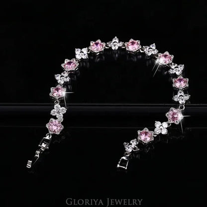 Gloriya Elegant Goddess Silver Plated Link Bracelet Cluster Flower Shape White And Blue AAA Grade Zircon Charm Tennis Bracelet For Women