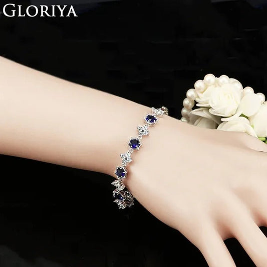 Gloriya Elegant Goddess Silver Plated Link Bracelet Cluster Flower Shape White And Blue AAA Grade Zircon Charm Tennis Bracelet For Women - WORLD TIME VISITS