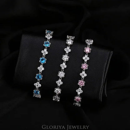 Gloriya Elegant Goddess Silver Plated Link Bracelet Cluster Flower Shape White And Blue AAA Grade Zircon Charm Tennis Bracelet For Women