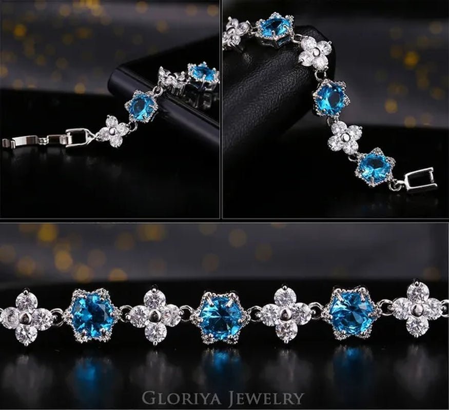 Gloriya Elegant Goddess Silver Plated Link Bracelet Cluster Flower Shape White And Blue AAA Grade Zircon Charm Tennis Bracelet For Women
