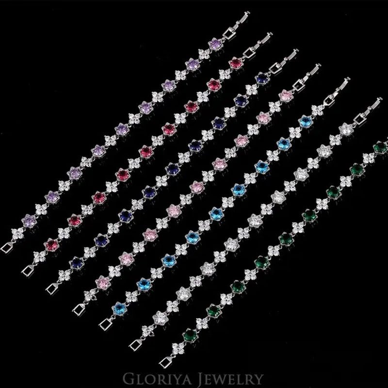 Gloriya Elegant Goddess Silver Plated Link Bracelet Cluster Flower Shape White And Blue AAA Grade Zircon Charm Tennis Bracelet For Women