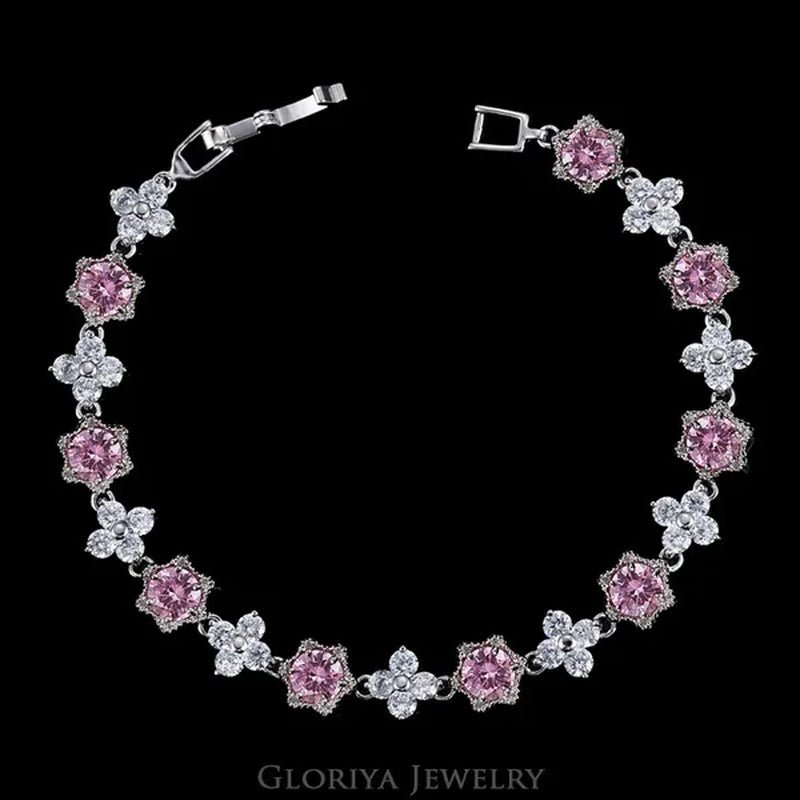 Gloriya Elegant Goddess Silver Plated Link Bracelet Cluster Flower Shape White And Blue AAA Grade Zircon Charm Tennis Bracelet For Women