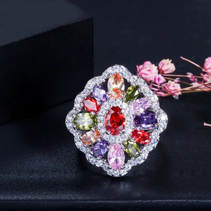 Gloriya Fashion Summer Silver Plated Engagement Party Ring Jewelry Inlaid Exquisite Multi Cut Green Red Purple Color CZ Crystal Big Wedding Band for Women