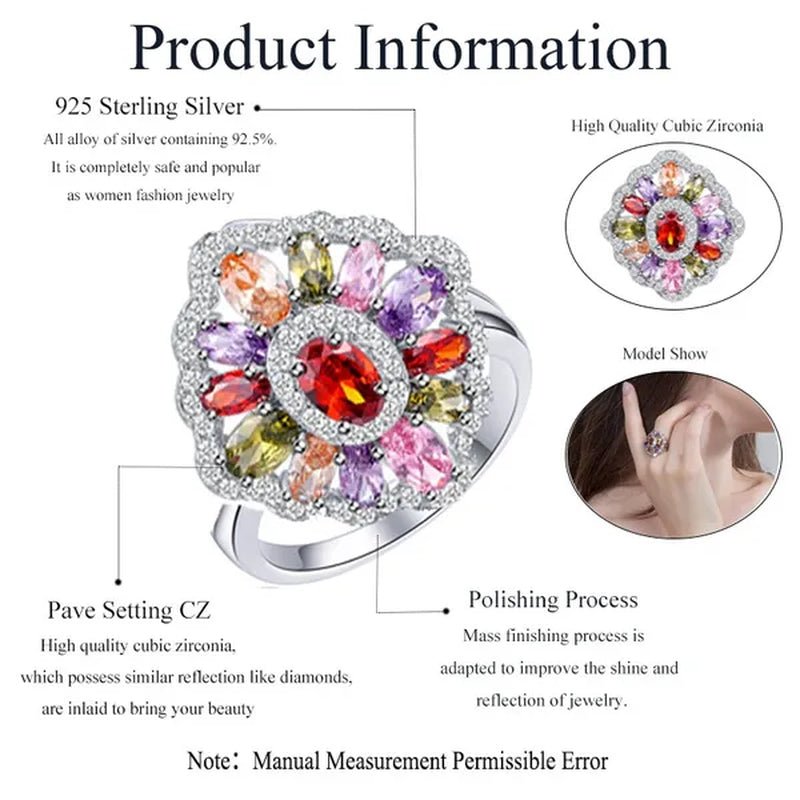 Gloriya Fashion Summer Silver Plated Engagement Party Ring Jewelry Inlaid Exquisite Multi Cut Green Red Purple Color CZ Crystal Big Wedding Band for Women - WORLD TIME VISITS