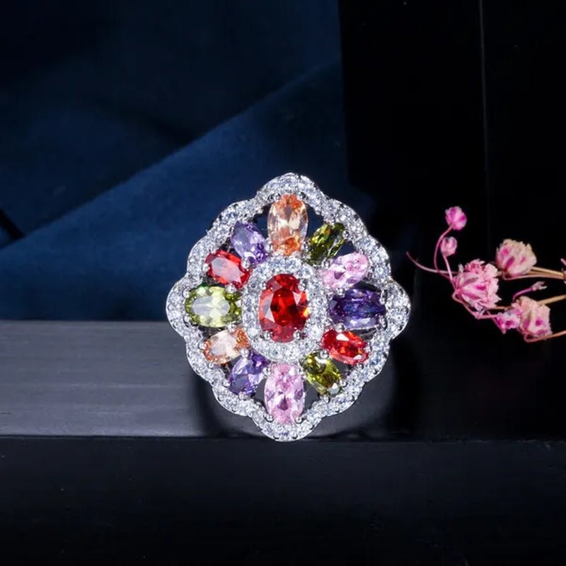 Gloriya Fashion Summer Silver Plated Engagement Party Ring Jewelry Inlaid Exquisite Multi Cut Green Red Purple Color CZ Crystal Big Wedding Band for Women