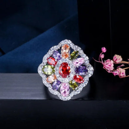 Gloriya Fashion Summer Silver Plated Engagement Party Ring Jewelry Inlaid Exquisite Multi Cut Green Red Purple Color CZ Crystal Big Wedding Band for Women