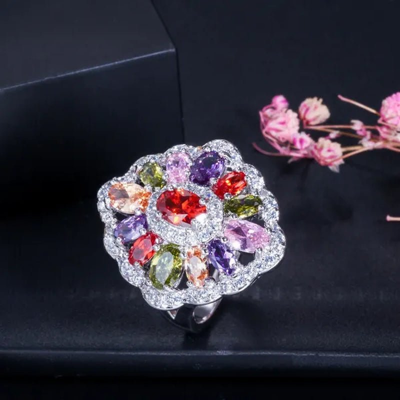 Gloriya Fashion Summer Silver Plated Engagement Party Ring Jewelry Inlaid Exquisite Multi Cut Green Red Purple Color CZ Crystal Big Wedding Band for Women