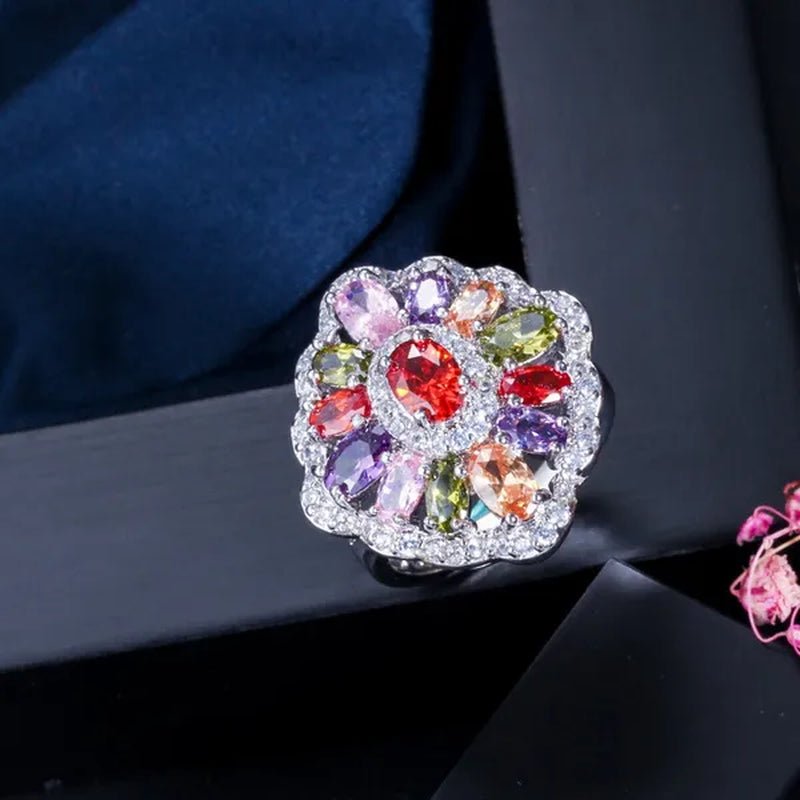 Gloriya Fashion Summer Silver Plated Engagement Party Ring Jewelry Inlaid Exquisite Multi Cut Green Red Purple Color CZ Crystal Big Wedding Band for Women