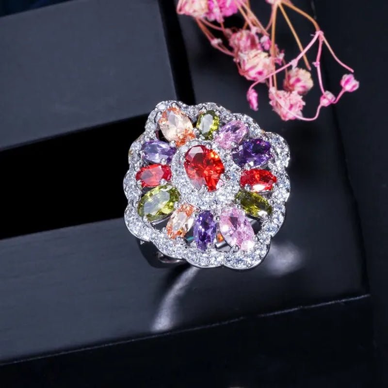 Gloriya Fashion Summer Silver Plated Engagement Party Ring Jewelry Inlaid Exquisite Multi Cut Green Red Purple Color CZ Crystal Big Wedding Band for Women