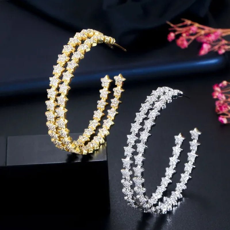 Gloriya Glitter Star CZ Oversize Circle Loop Earring High Quality Gold / Silver Plated Big Round Hoop Earrings for Women Statement Jewelry Brincos