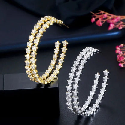 Gloriya Glitter Star CZ Oversize Circle Loop Earring High Quality Gold / Silver Plated Big Round Hoop Earrings for Women Statement Jewelry Brincos