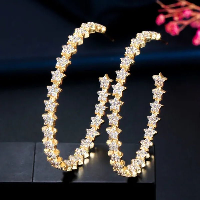 Gloriya Glitter Star CZ Oversize Circle Loop Earring High Quality Gold / Silver Plated Big Round Hoop Earrings for Women Statement Jewelry Brincos